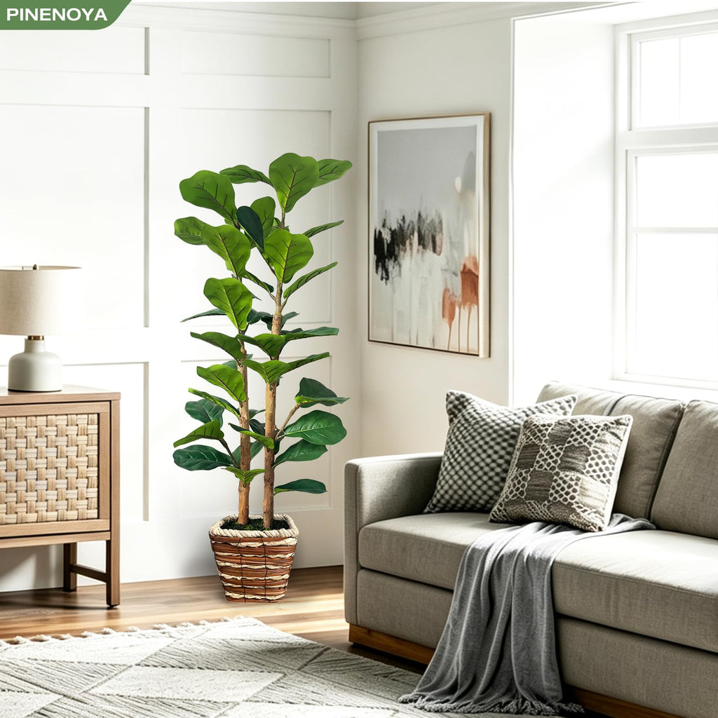 4ft Fiddle Leaf Fig Tree Artificial Plants in Woven Basket