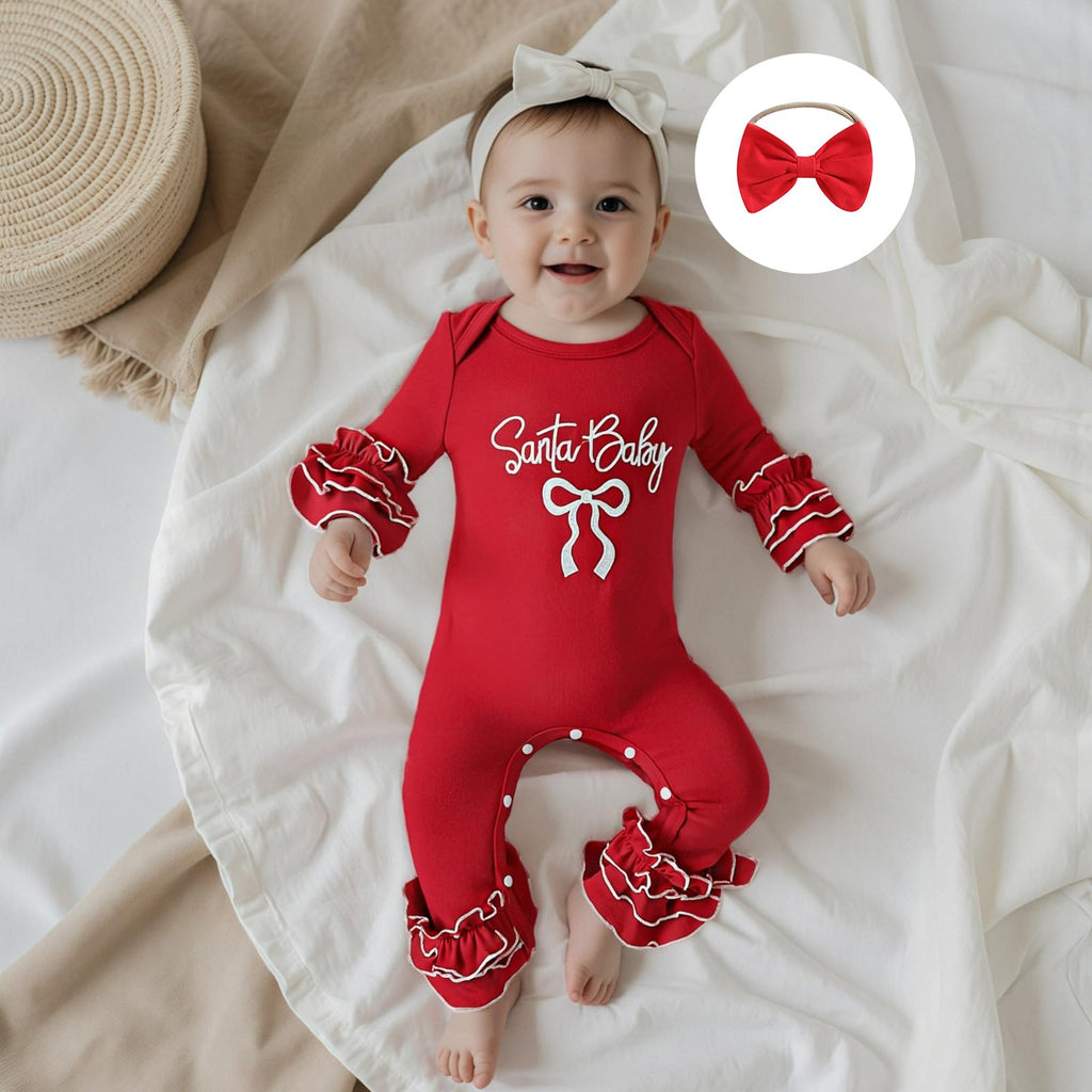 Newborn Baby Boy Girl Christmas Outfit Santa Baby Red Romper Flare Ruffle Jumpsuit Infant Fall Winter Clothes (Red