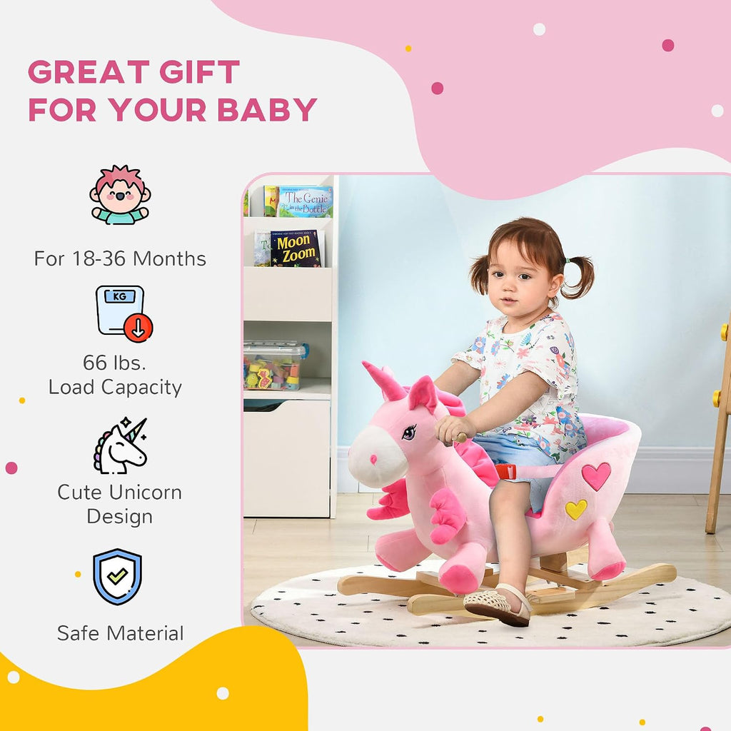 Baby Rocking Horse with 32 Songs Wooden Base for 1.5-3 Year Old, Pink