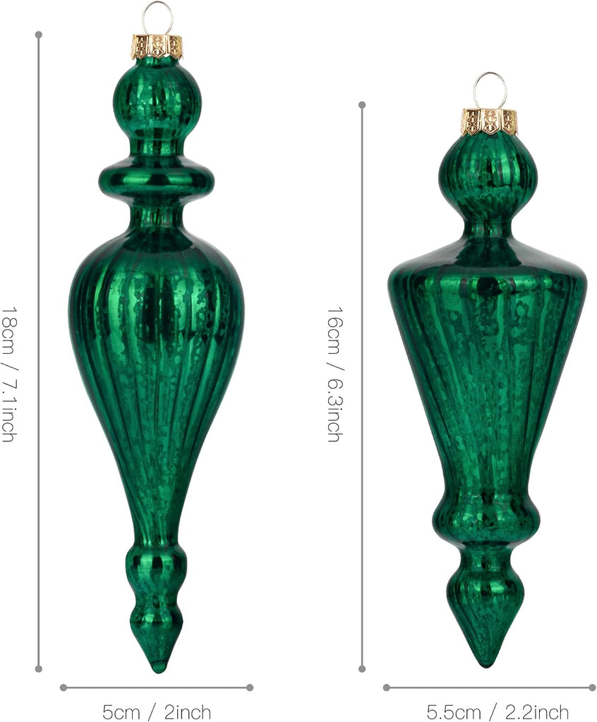 Green Mercury Glass Christmas Ornaments Set of 4 Large Hanging Christmas Icicles Finials for Xmas Tree Decoration
