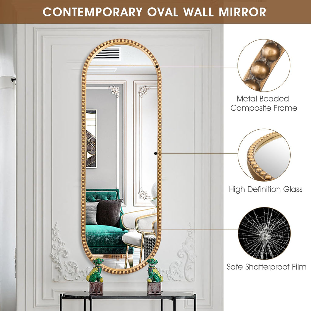 Oval Full Length, 16"x47" Metal Beaded Frame Large Hanging Dressing Floor, Antique Gold (No Stand)