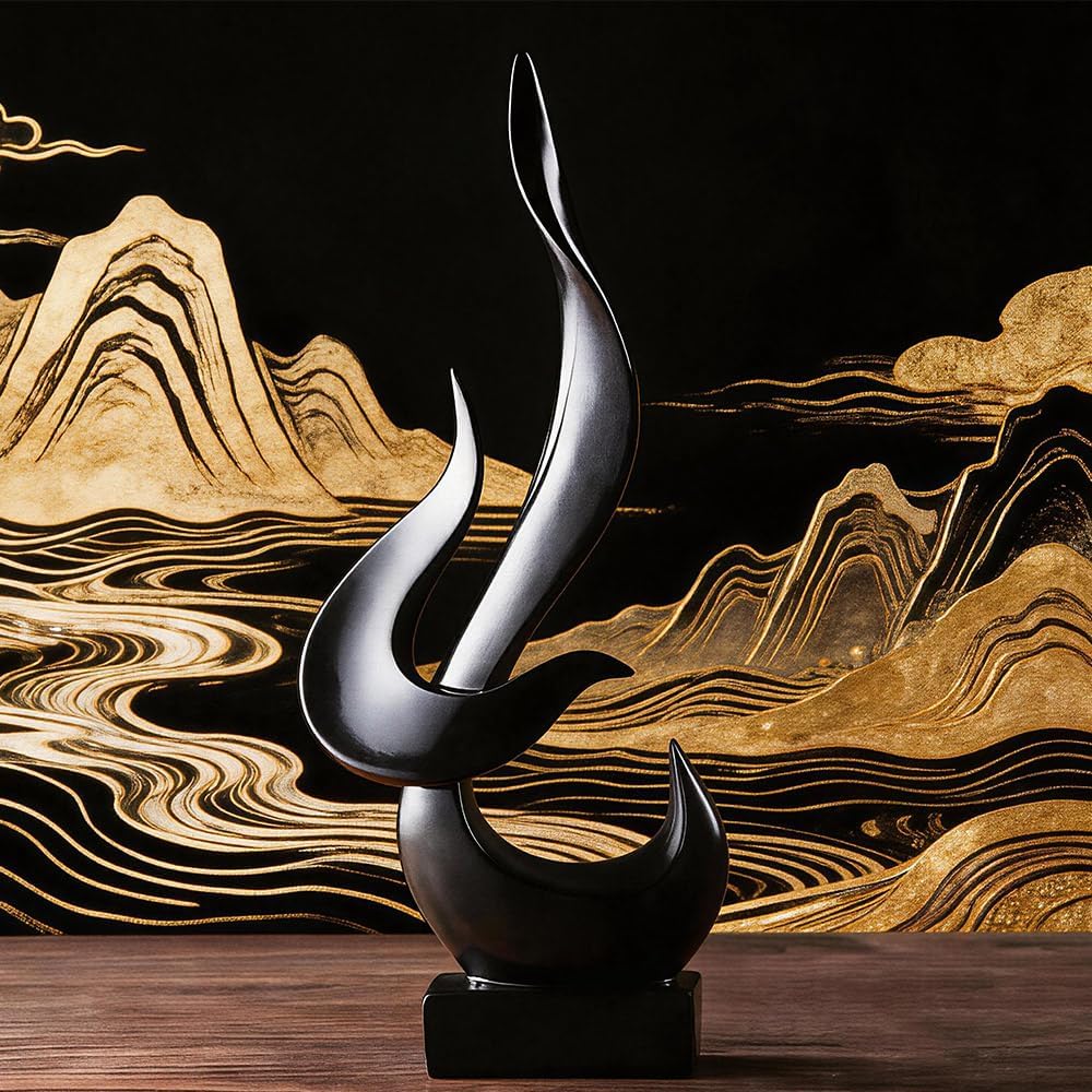 Abstract Flame-Shaped Resin Sculpture, Gold and Silver, Modern Decorative Figurine (Black)