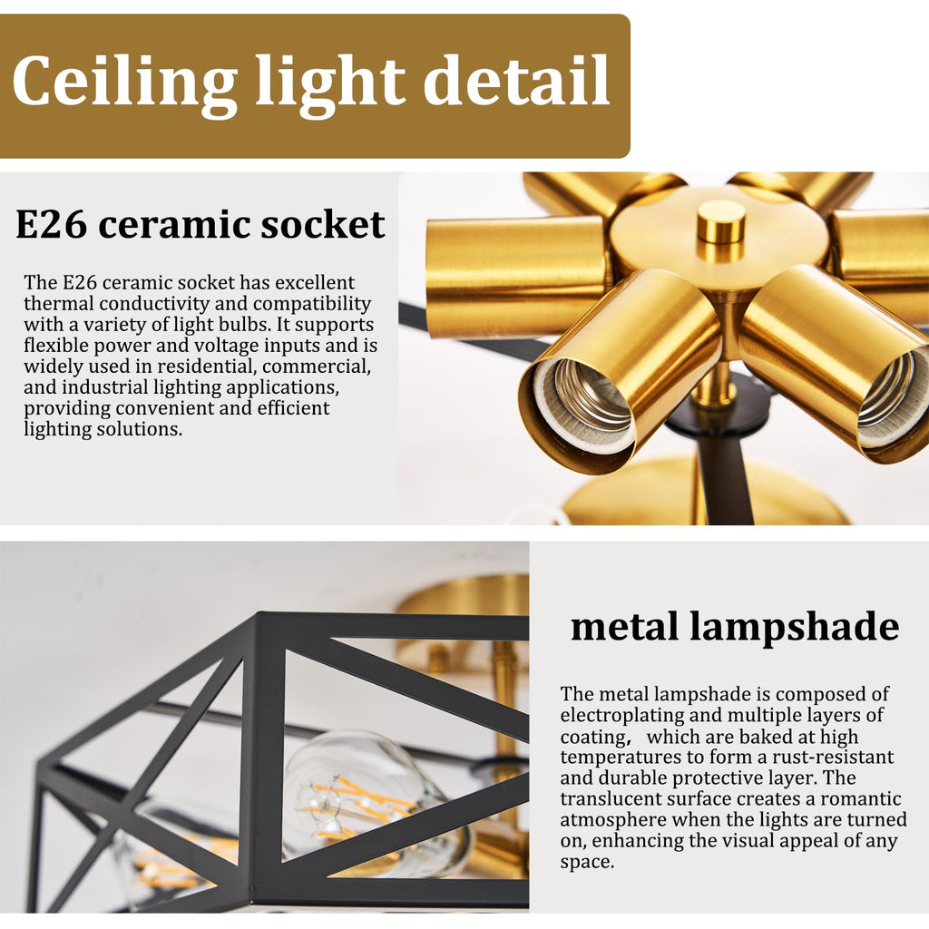Modern Farmhouse Black and Gold Semi Flush Mount Ceiling Light 19.7 in