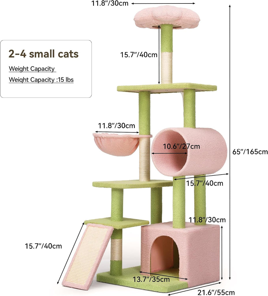 Tall Flower Cat Tree Tower with Detachable Perch, 65in Cute Cat Climbing Tower for Indoor Cats with Cat Condo