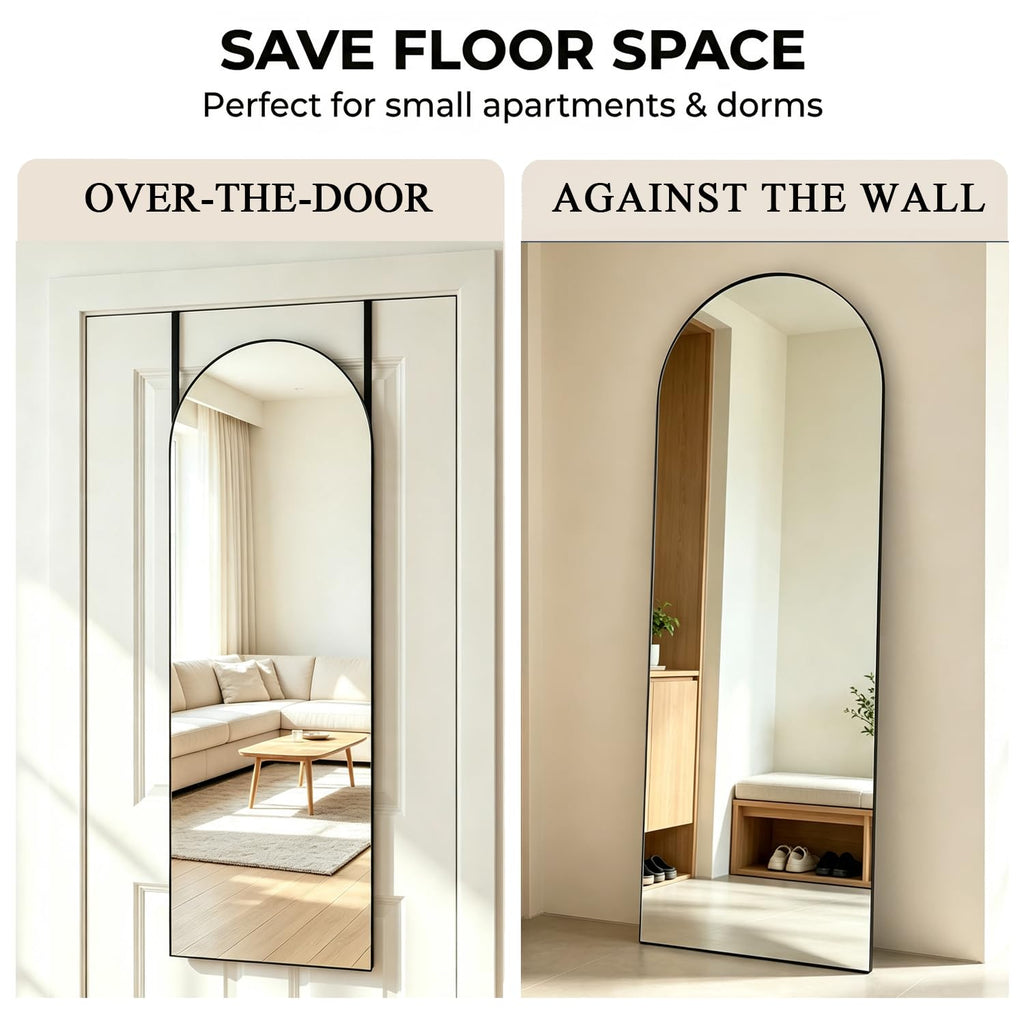 48" x 14" Arched Over The Door Mirror, Black Full Length Hanging Mirror