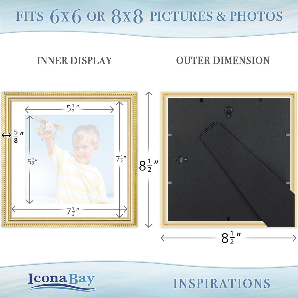 8x8 Picture Frames with 6x6 Mat, Gold, 6 Pack, Contemporary, Inspirations