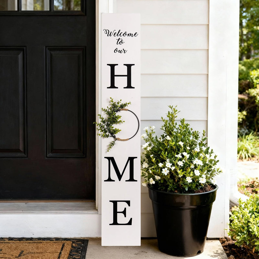 47.2" H Welcome to Our Home Sign with 3D Wreath (No Splicing), Large Wooden Welcome Sign Porch Front Door Standing