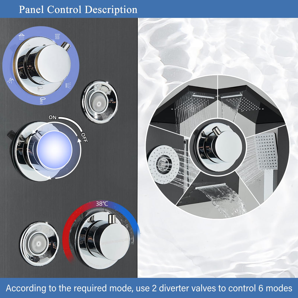 AlenArt Shower Panel Tower System Rainfall Waterfall Shower Head with Body Jets Stainless Steel Rain Massage System