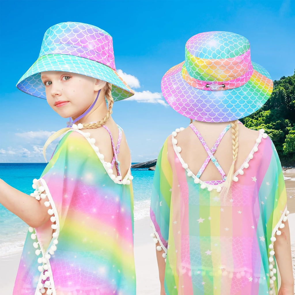 Kids Bucket Hat Anti-UV Toddler Girls Sun Hat Wide Brim UPF 50+ Sun Protection Packable Summer Beach Hat for Girls 2-9