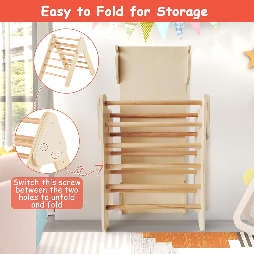 5 in 1 Wooden Climbing Toys for Toddlers, Triangle Climber with Ramp for Sliding or Climbing, Indoor Beech Montessori