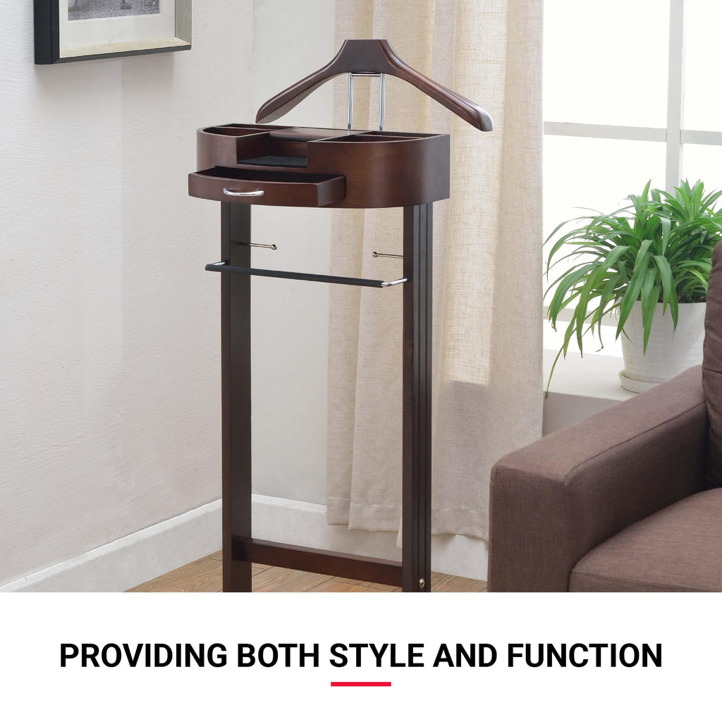Products - Crescent Moon Valet, Mens Valet Stand with Drawer, Top Tray, Contour Hanger, Trouser Bar, Belt Hooks &