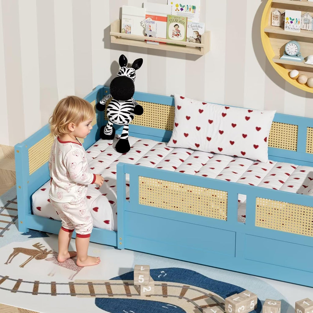 Floor Bed with PE Rattan High Fence, Wood Montessori Bed Frame with Slats for Children Girls Boys, Sky