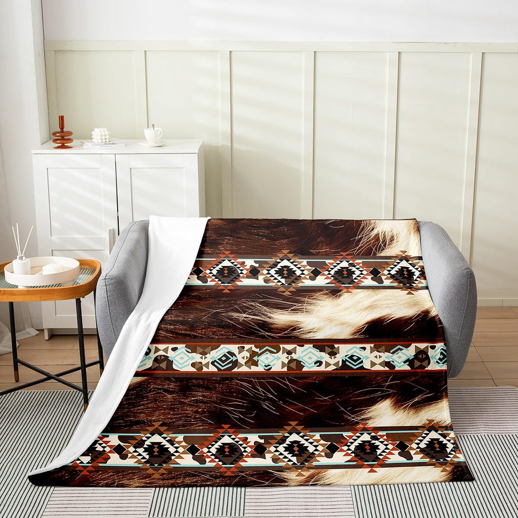 Western Plush Throw Blanket Cowhide Cow Print Retro Fur Flannel Blanket Queen 90"x90" Boho Rustic Farmhouse All