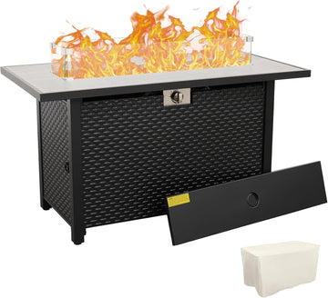 45 Inch Fire Table for Outside 60000 BTU Steel Gas Pit Outdoor with Woodgrain Marble Tabletop Glass Wind Guard Cover