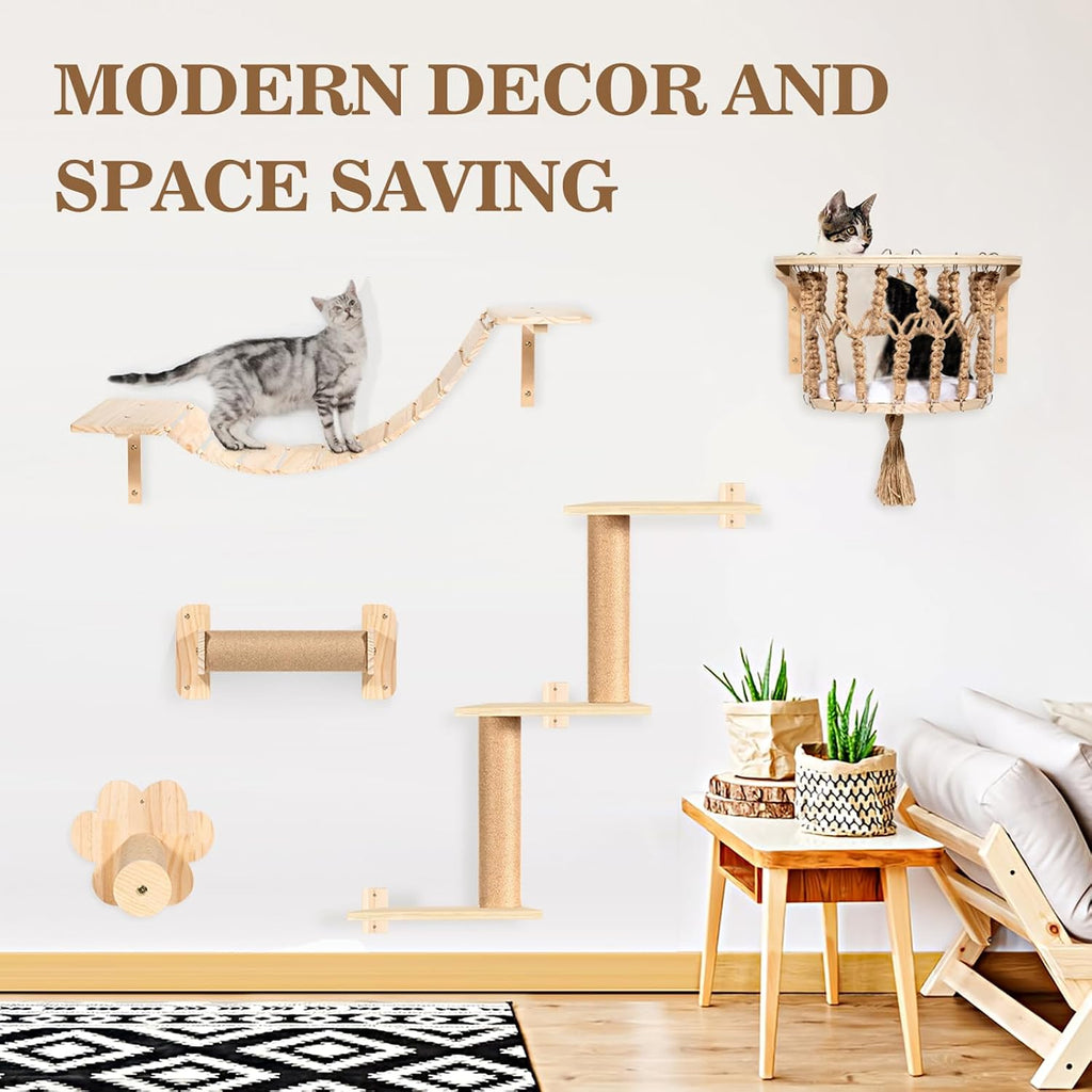 Cat Wall Shelves and Perches, Wall Mounted Cat Furniture with Hammock, Bridge, Tree, Steps and Scratching Posts