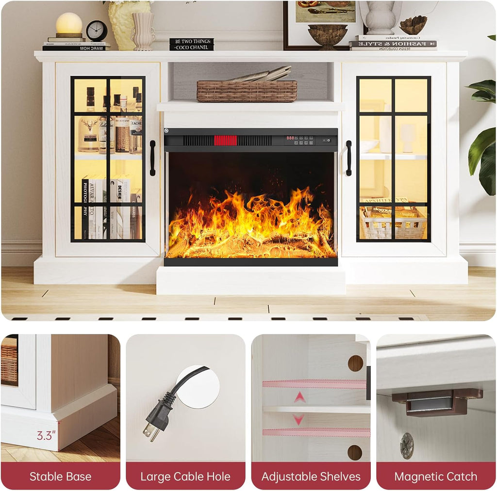 59'' Fireplace TV Stand, 3 Sided Glass Media Entertainment Center Console Table for TVs up to 65'' with Glass Door Adjustable Flame LED Color for Living Room, Set of TV Table, White A132-B0CQTKLWMK