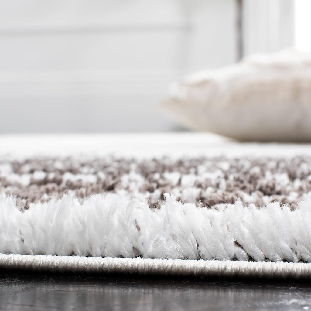 Berber Shag Collection Area Rug - 7' Square, Ivory & Grey, Stripe Design, Non-Shedding & Easy Care, 1.25-inch Thick