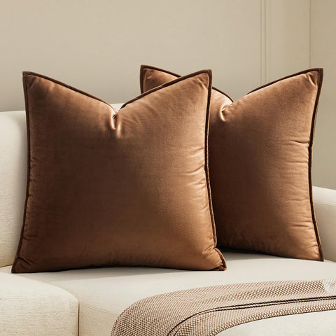 Brown Velvet Throw Pillow Covers 18x18 Soft Decorative Solid Square Cushion Cases Pack of 2 Modern Luxury Home Decor