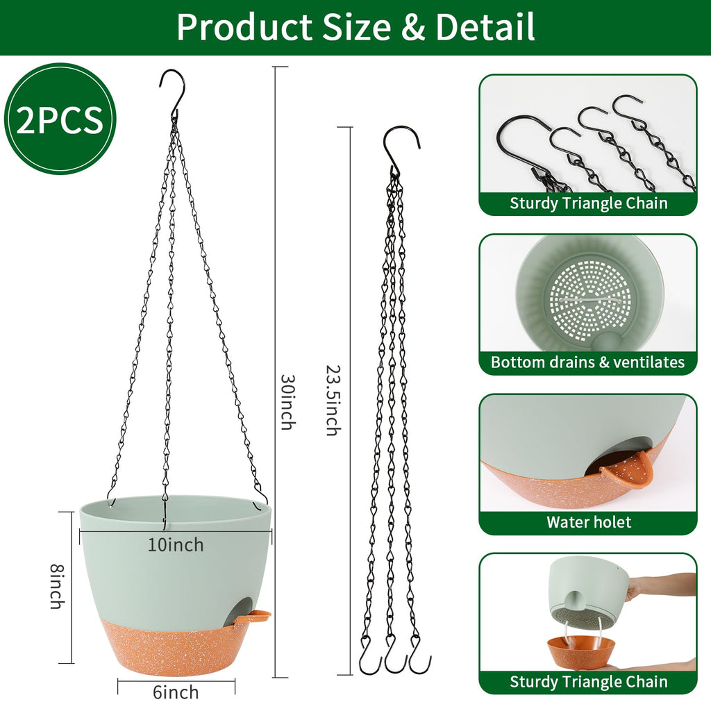 10 Inch Self Watering Hanging Planter, Indoor, 2 Pack, Green