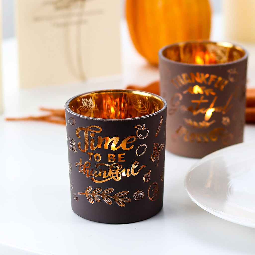 Glass Votive Candle Holders 4PCS Thanksgiving Tealight Candle Holders for Fall Table Centerpiece, Thanksgiving