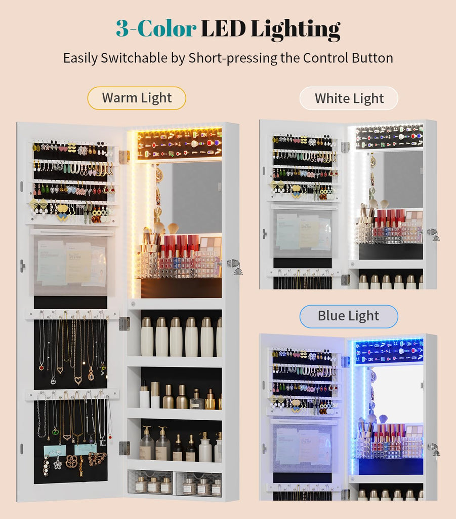 LED Mirror Jewelry Cabinet, Over Door/Wall Mounted Jewelry Organizer