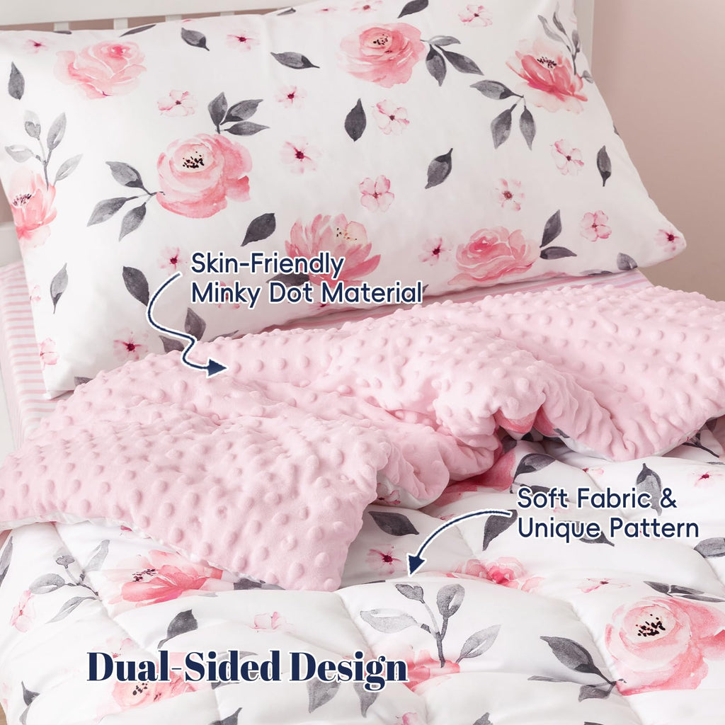 4 Piece Minky Toddler Bedding Set, Ultra Soft Fluffy Skin-Friendly Soothing Minky Dot Toddler Comforter Set, Unique