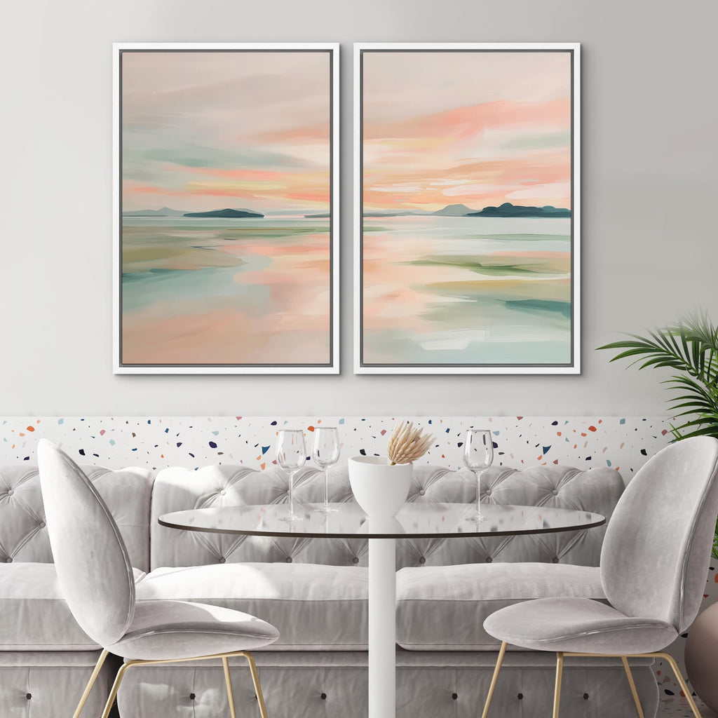 Framed Canvas Print Wall Art Set Soft Color Ocean Beach Illustrations Modern Art Rustic Colorful Ultra - 16"" x24 x2