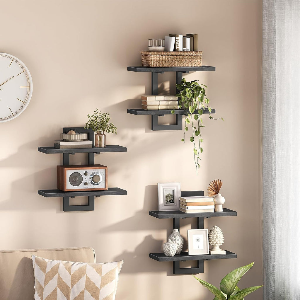 Floating Shelves, 15 Inch Wall Shelf Set of 3, Wall Mounted Storage Shelves 2-Tier, Hanging Bathroom Shelves, Black