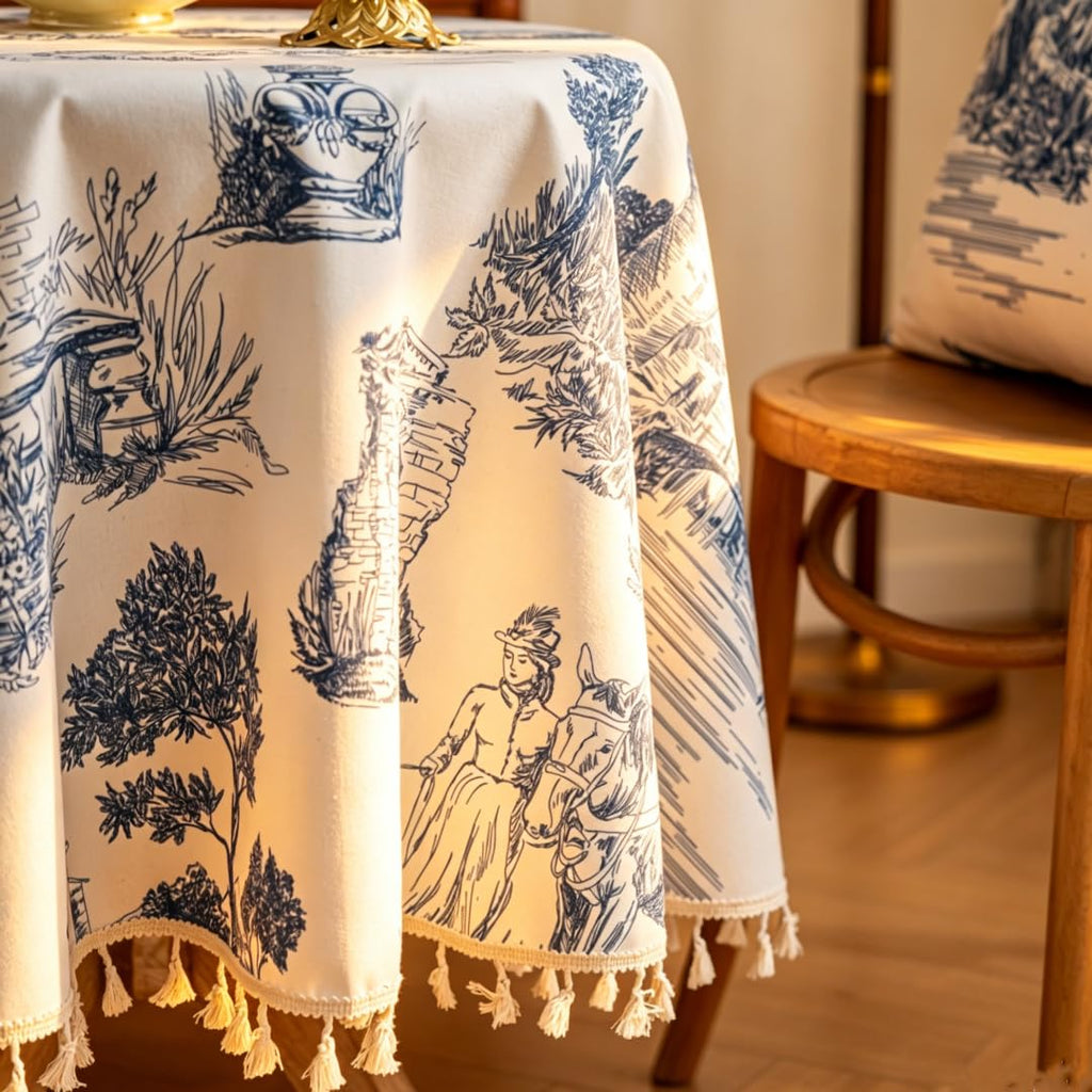60 Inch Round Vintage Cotton Linen Tablecloth with All-Side Handmade Tassels, Blue White Classic Toile De Jouy