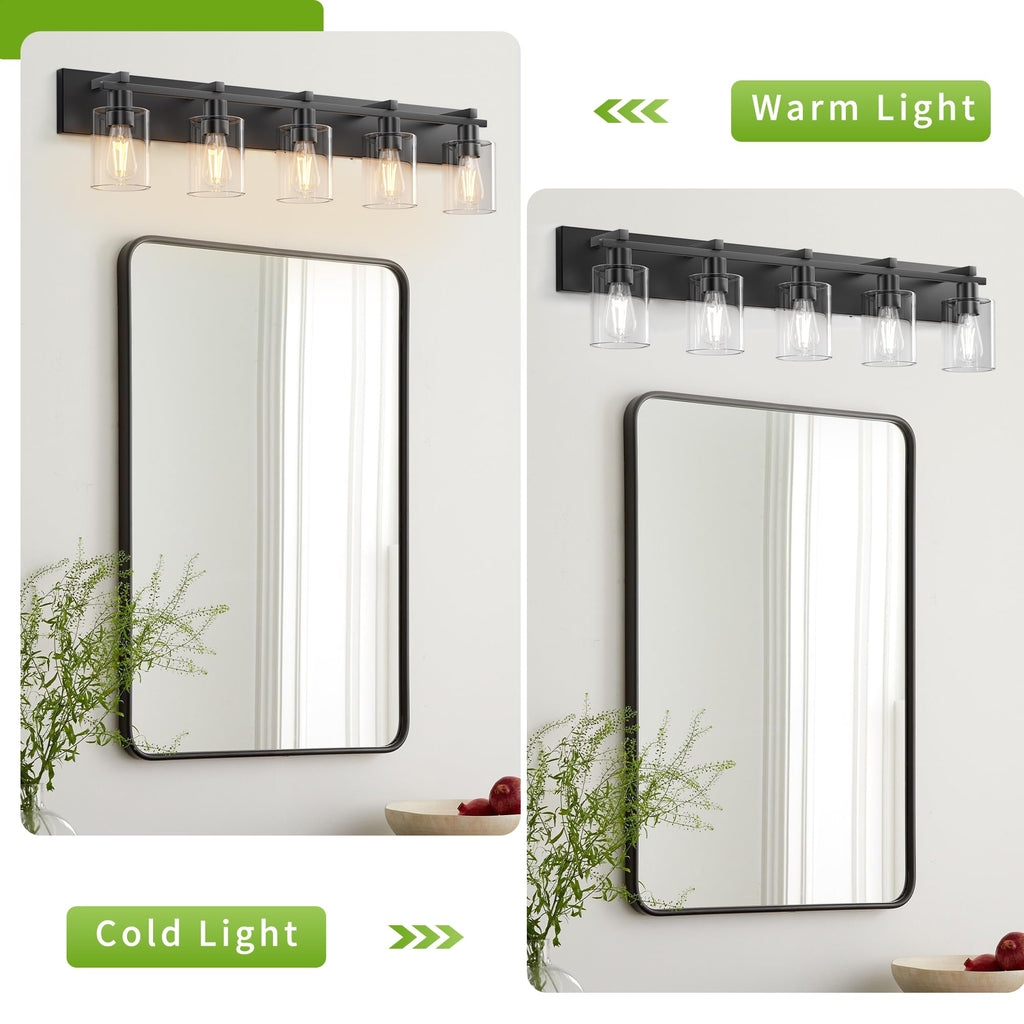 5-Light 37inch Matte Black Vanity Light, Thickened Clear Glass