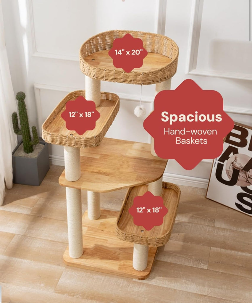 Modern Natural Wood Wooden Cat Tree Tower, 3 Large Rattan Wicker Basket Perch Beds with Cozy Cushion Sisal Scratching
