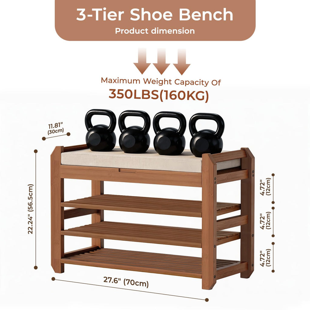 27.6" Entryway Shoe Rack Bench with Cushion, 3-Tier Storage Bench