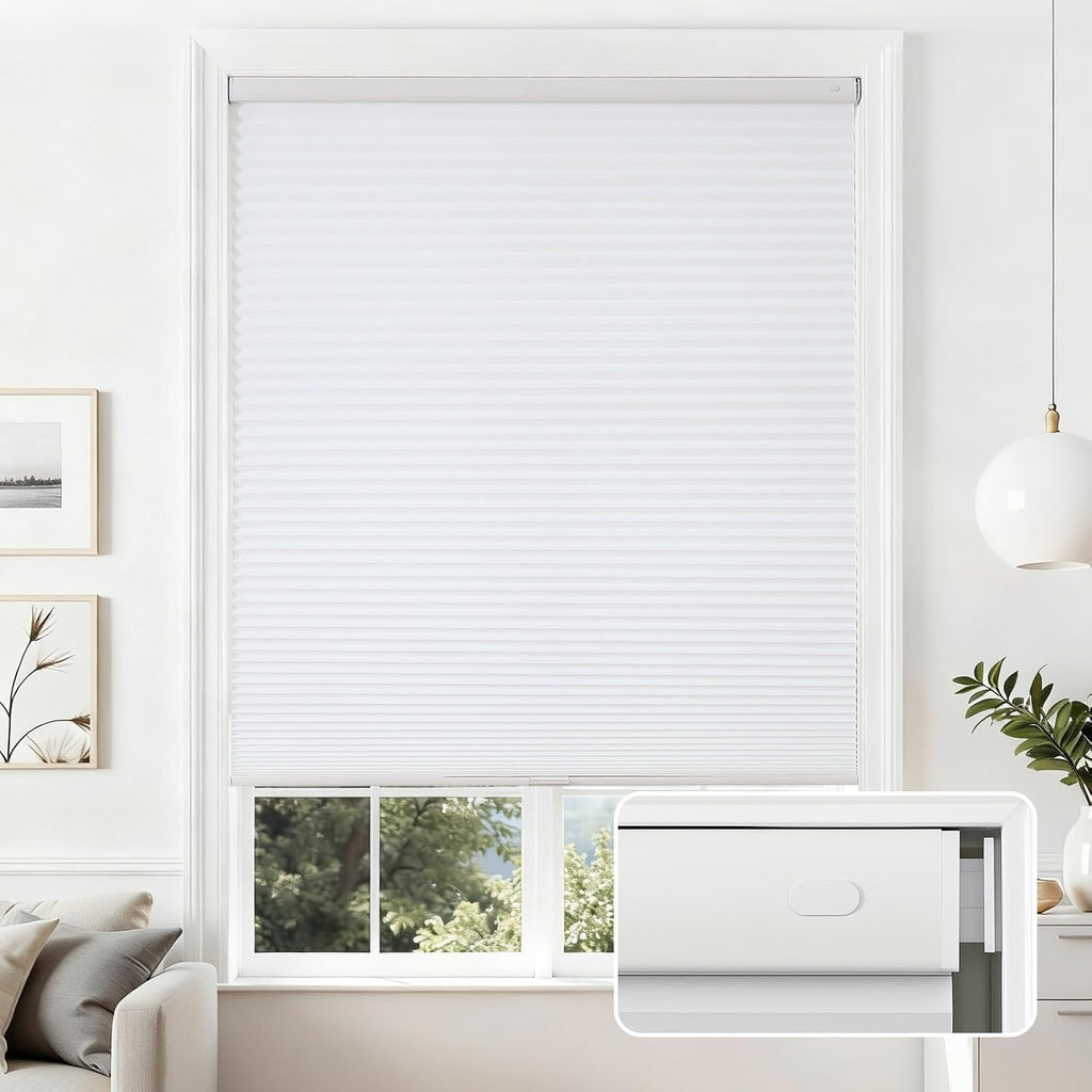 No Drill Light Filtering Cellular Shades, White, | Thermal Insulating, No Drill Blinds for Windows, Light Filtering