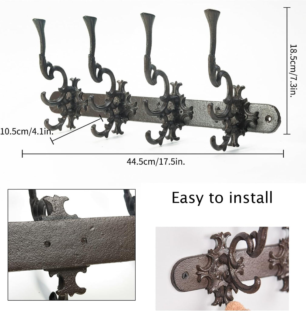 Vintage Cast Iron Wall Hook Rack - Ornate 4-Hooks Coat and Hat Organizer - Heavy Duty Decorative Hanger , or Mudroom