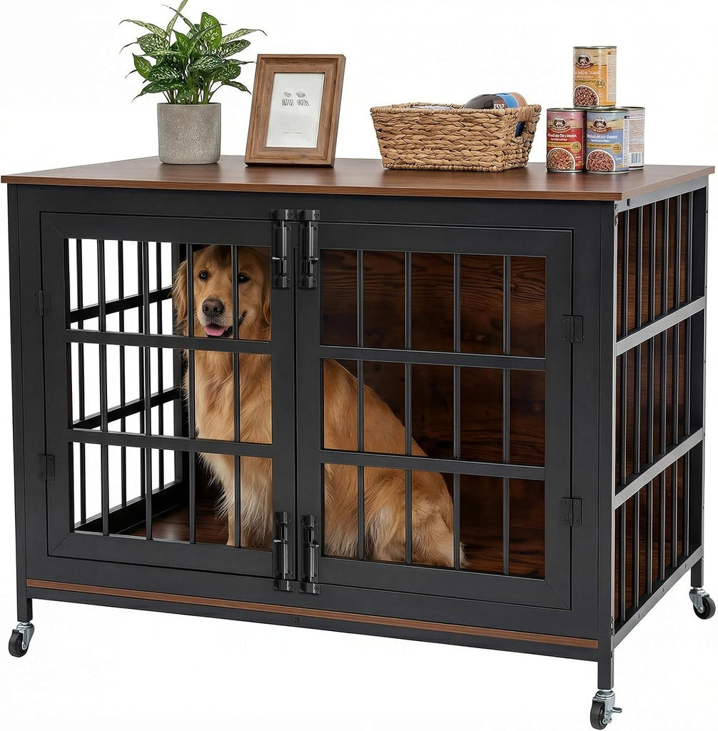 41 Inch Heavy Duty Dog Crate Furniture, Dog Kennel Furniture for Large and Medium Dogs, with Lockable Wheels &