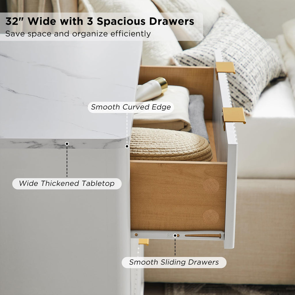 32" Fluted 3 Drawer Dresser, Solid White