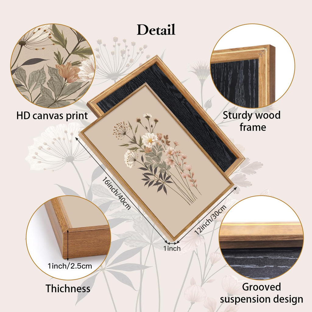 Botanical Flower Framed Canvas Wall Art Set Of 3, Modern Nature Wildflower Wall Decor, Rustic Floral Wall Painting