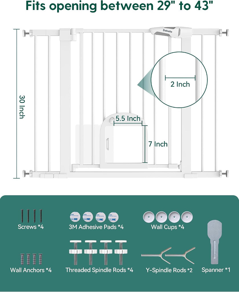 Dog Gate with Adjustable Cat Door, CatPrivilege III, 29-43", White