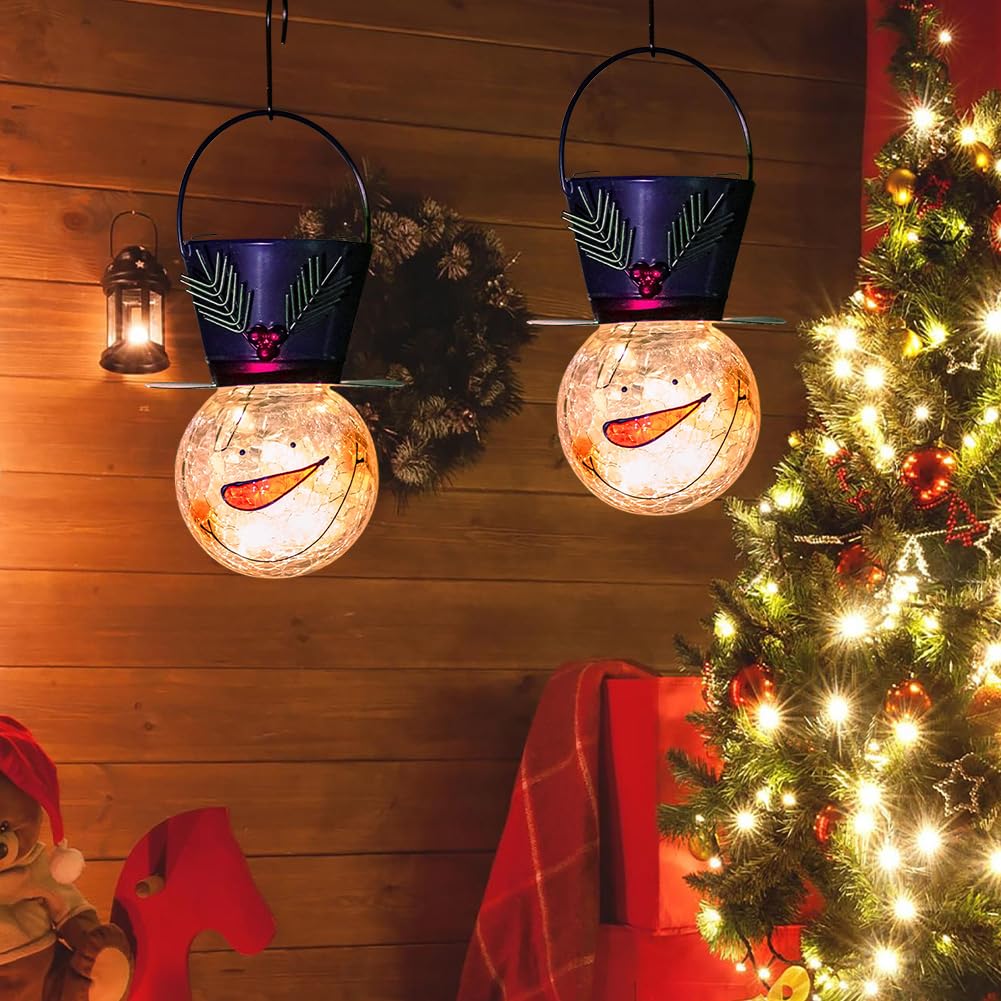 2 Pack Snowman Solar Lanterns, Christmas Outdoor Hanging Lantern Waterproof Decorative Snowman Lights Decor for