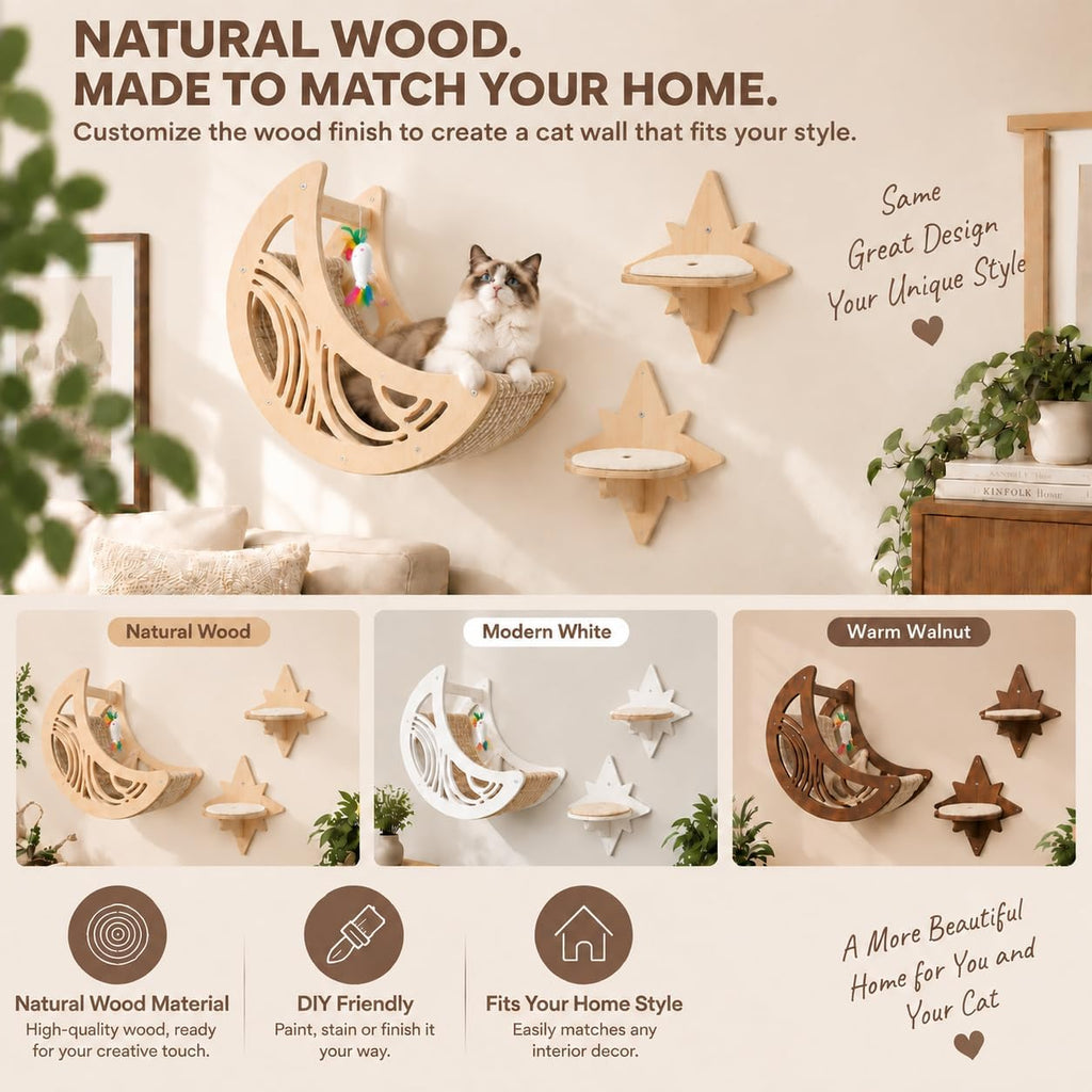 Cat Wall Shelves, Moon & Star Cat Shelves, Wooden Cat Wall Furniture