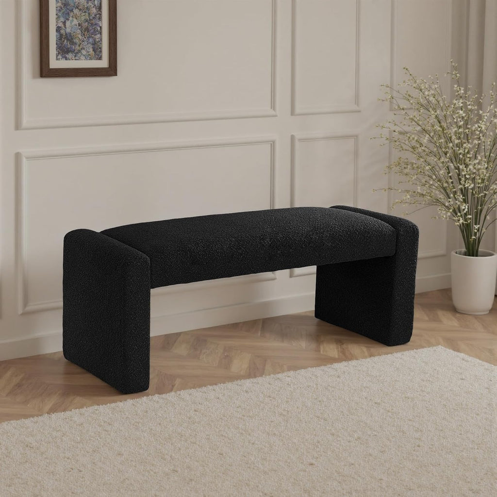 Black Entryway Bench with Solid Wood Frame, 47" Boucle Upholstered Bench | End of Bed Bench with Cushion Seat Ottoman