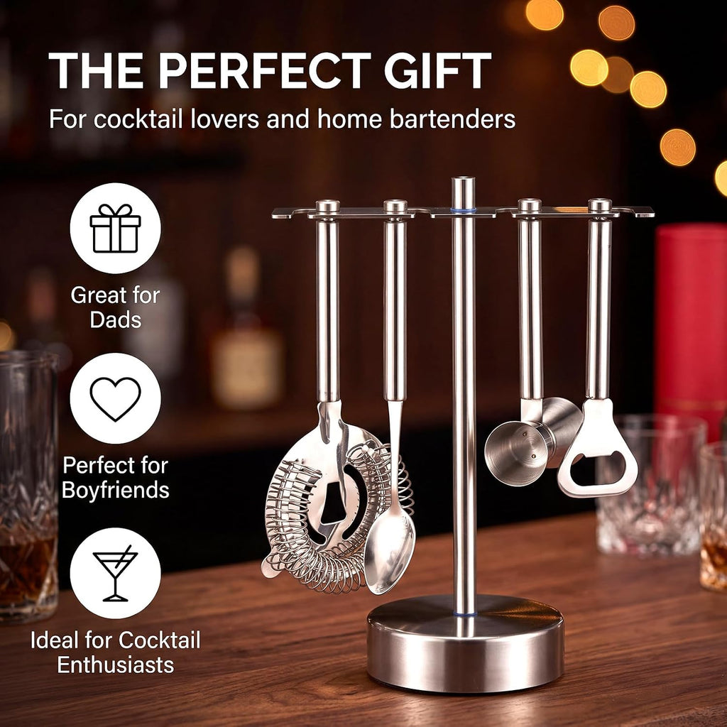 4 Piece Bar Accessories with Stand Stainless Steel Bartender Kit Bar Cart Accessories Include Jigger, Strainer