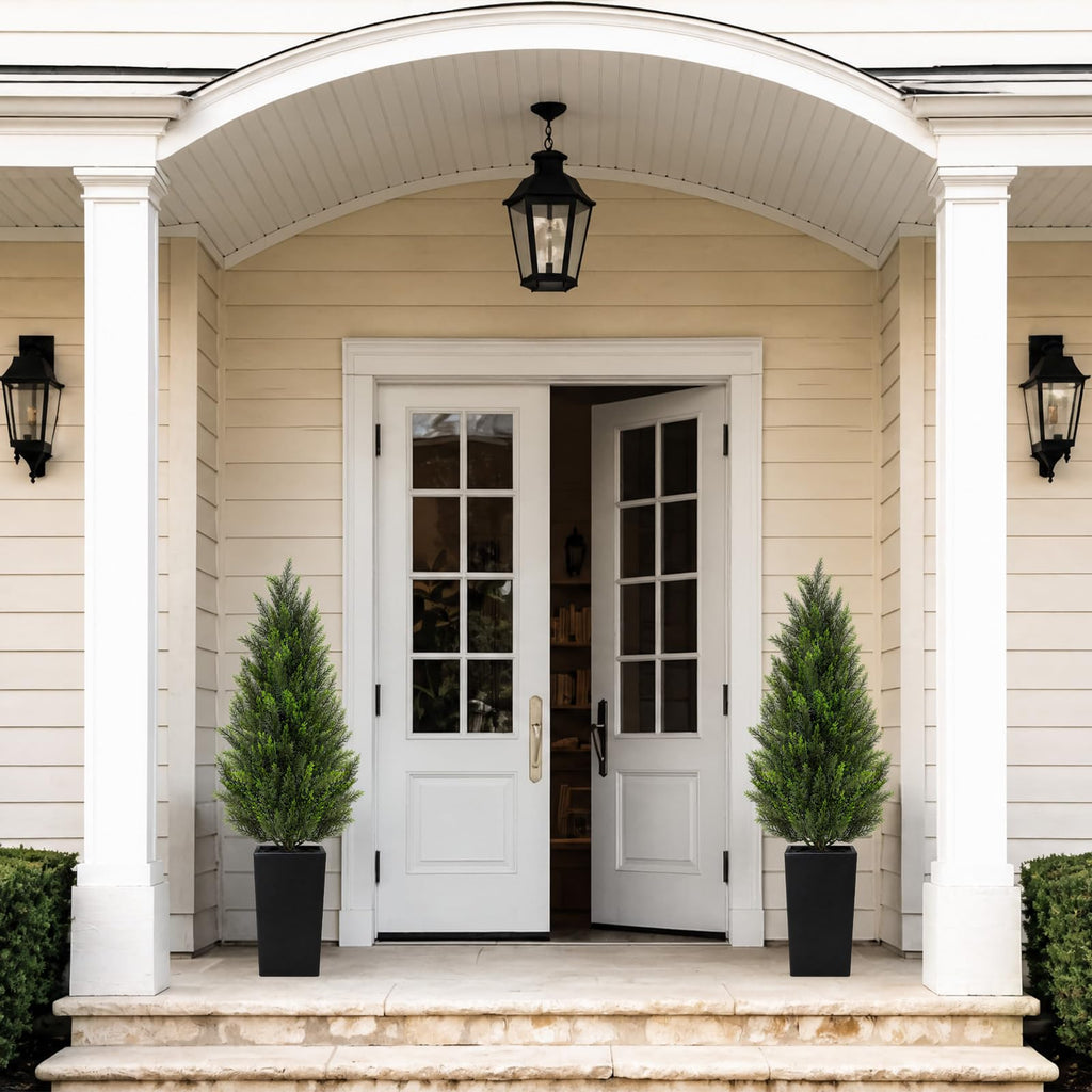 5FT Artificial Cedar Topiary Trees 2 Pack, Realistic Faux Cypress Trees with Square Black Planter Pot, UV Resistant