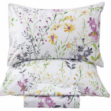 Floral King Size Sheet Sets - Yellow Flower Botanical Pattern Egyptian Cotton Printed Bedding Sheets King Size Bed