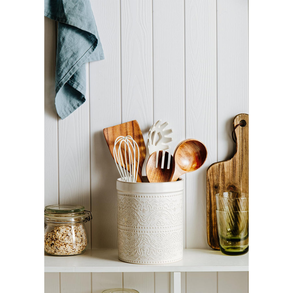 Kitchen Utensil Holder, 7 Inches Large Ceramic Utensil Holder for Countertop, Lace Emboss Cooking Utensil Crocks