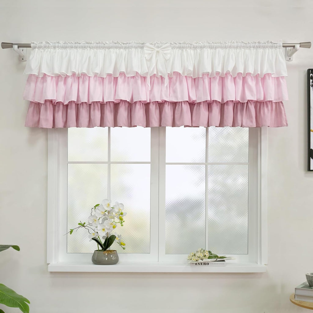 Ruffled Valance Farmhouse for Small Window White Pink Ombre 52W x 18L 1PC