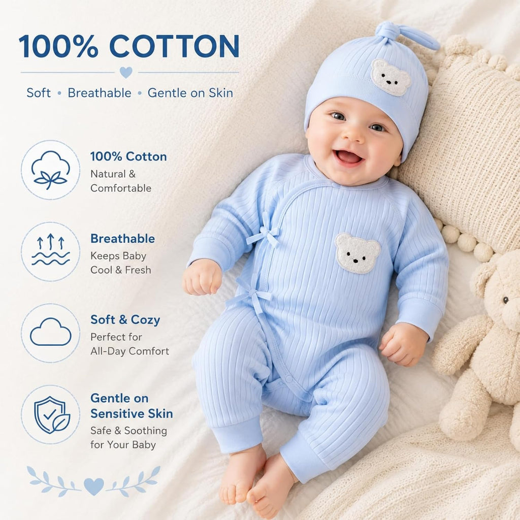 Baby Ribbed Romper and Hat Set with Bear Applique, 100% Cotton Infant Bodysuit, White, Long Sleeve