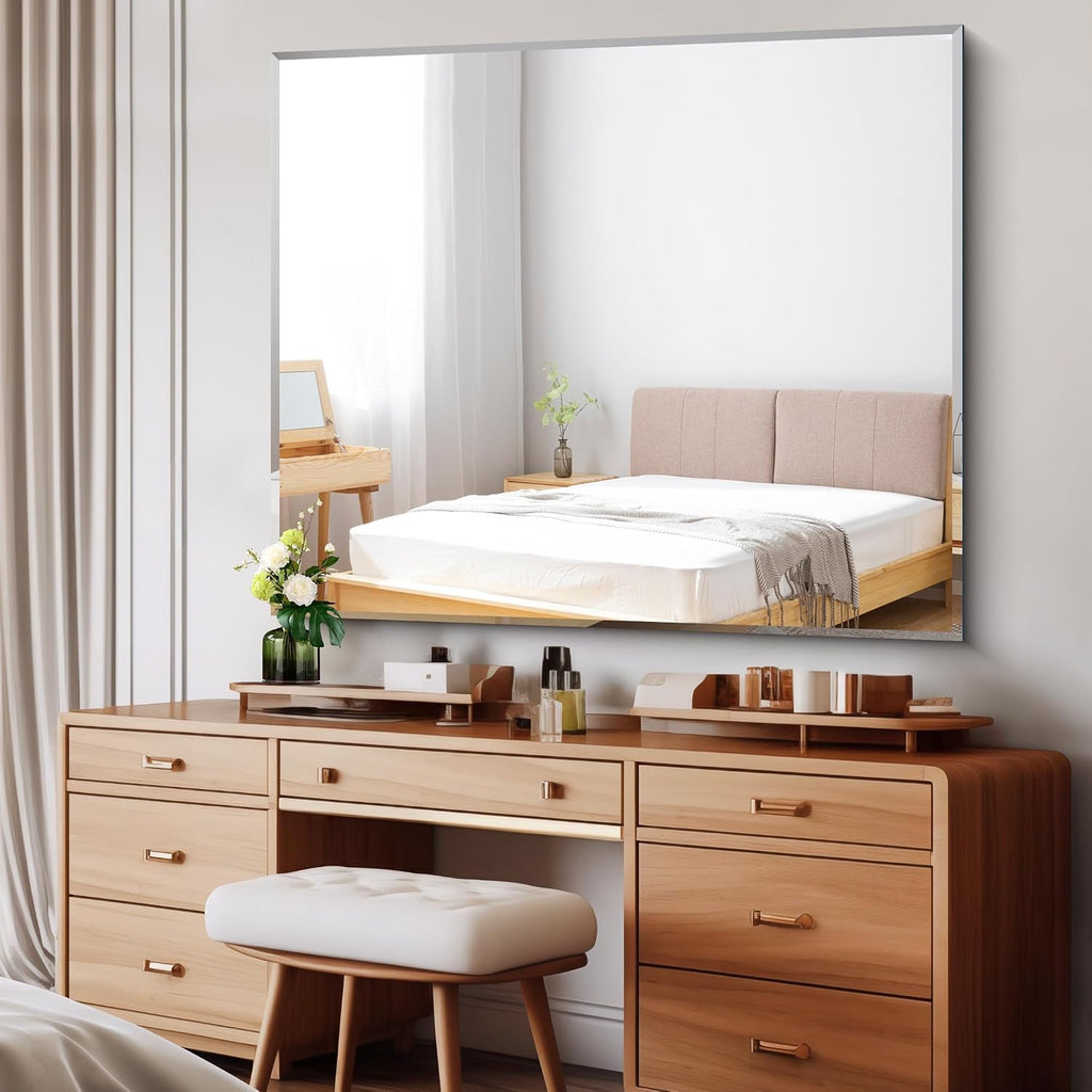 Beveled Bathroom Mirror, 40x48 Large Frameless Vanity Mirror for Over Sink, 3mm Tempered Glass Beveled Wall Mirror