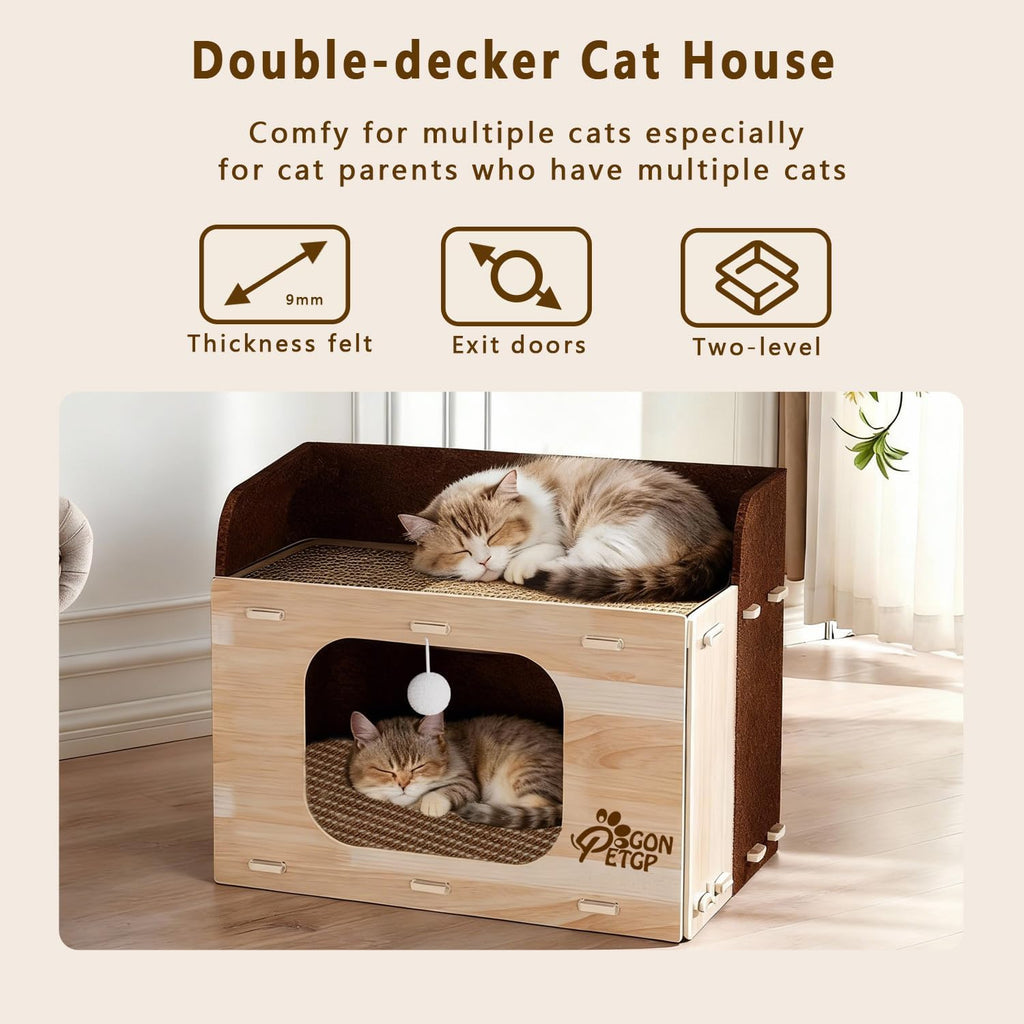 Cat Houses for Indoor Cats, Two-Story Cat Bed Cube for Multiple Small Kittens, Removable Felt Cat Cave Hideaway Condo