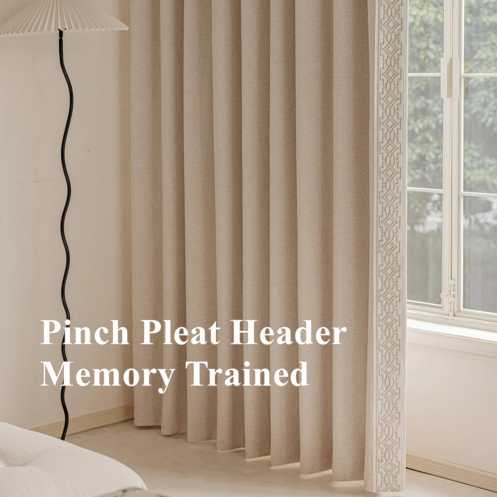 Luxury Pinch Pleat Blackout Curtains - Textured Embroidery Trim, Soft Beige, Linen Blend, Memory Trained (50" W x 90"